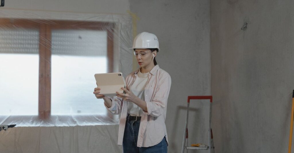 Ingénieure sur un chantier avec tablette